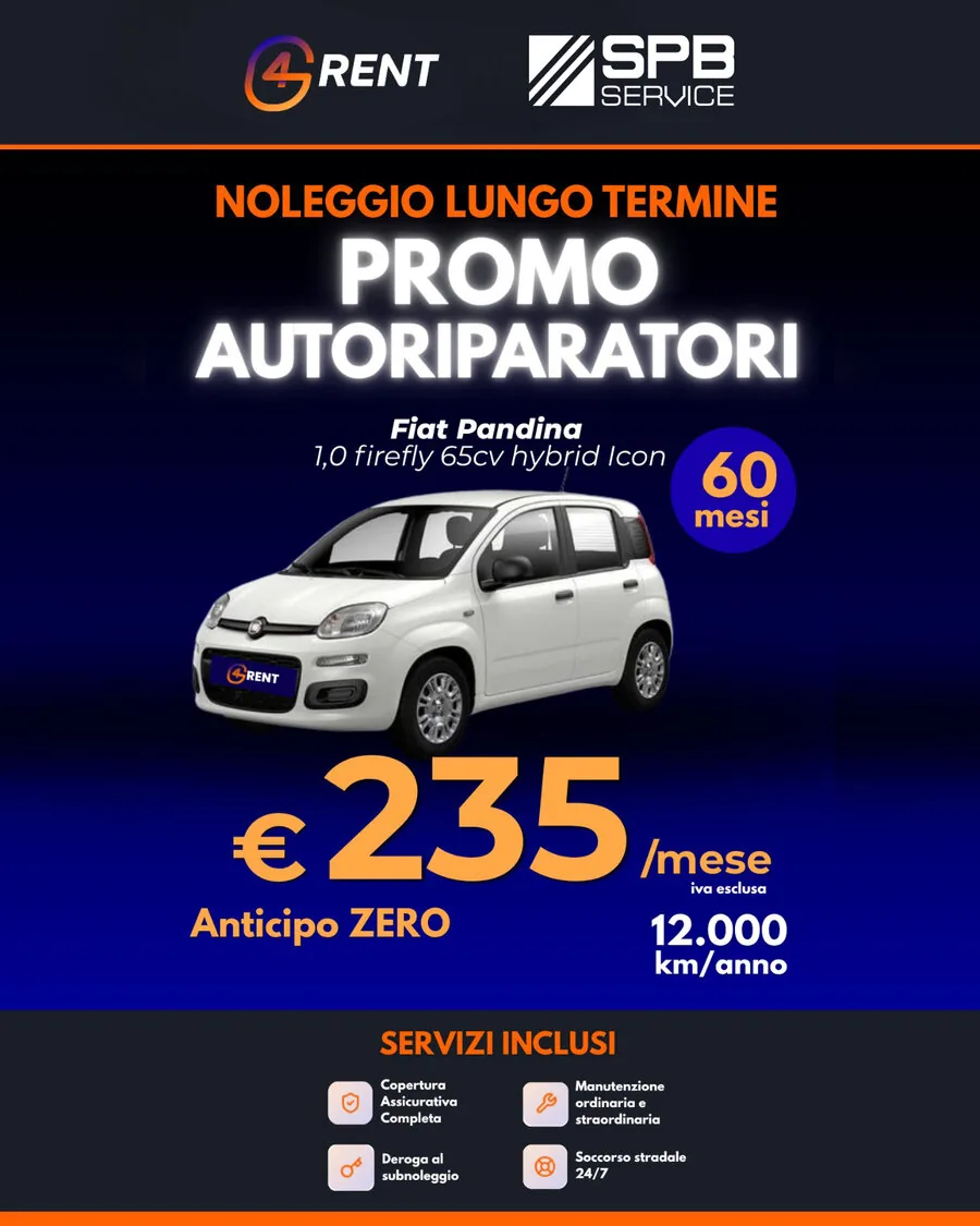 Promo Fiat Panda, 1.0 firefly 65cv hybrid Icon: 235 euro al mese, 60 mesi, anticipo zero, 12.000 km all'anno, iva esclusa
