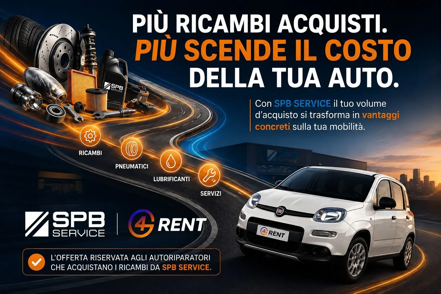 Più ricambi acquisti, più scende il costo della tua auto: l\u2019offerta riservata agli autoriparatori che acquistano i ricambi da SPB Service, in collaborazione con G4Rent
